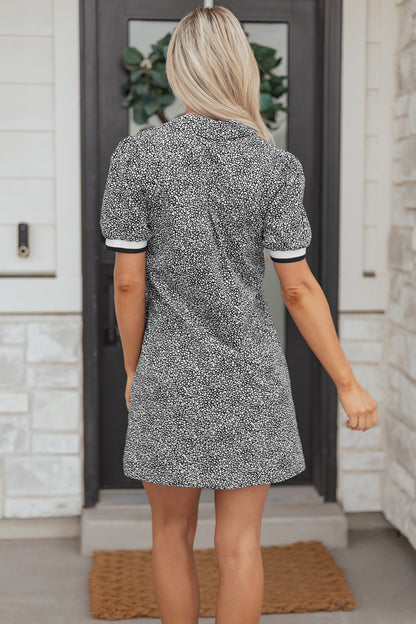Women's Black Leopard Print Short Sleeve Summer Mini Dress with Pockets