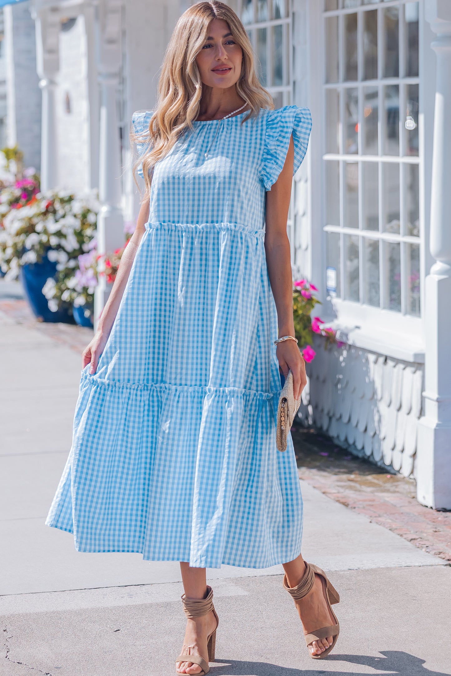 Women's Blue Knot Back Ruffled Short Sleeve Summer Maxi Dress