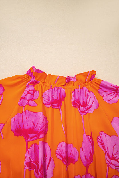Women's Orange Floral V Neck Summer Midi Dress