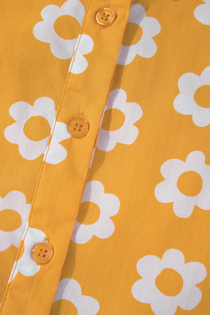 Women's Yellow Flower Bracelet Sleeve Buttons Collared Summer Midi Dress