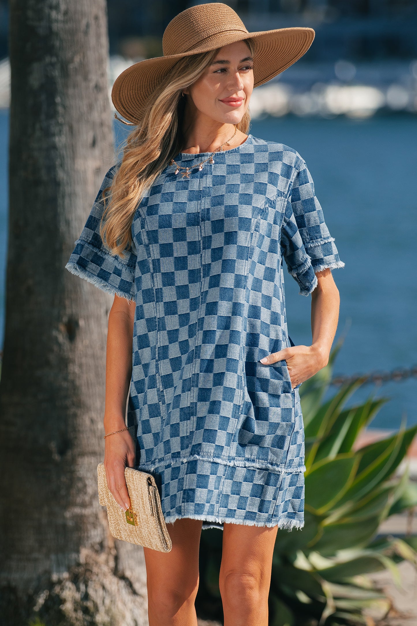 Women's Blue Frayed Hem Checkered Denim Summer Mini Dress