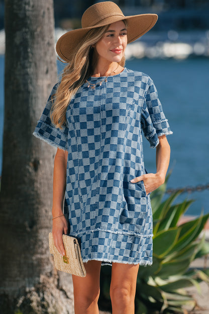 Women's Blue Frayed Hem Checkered Denim Summer Mini Dress