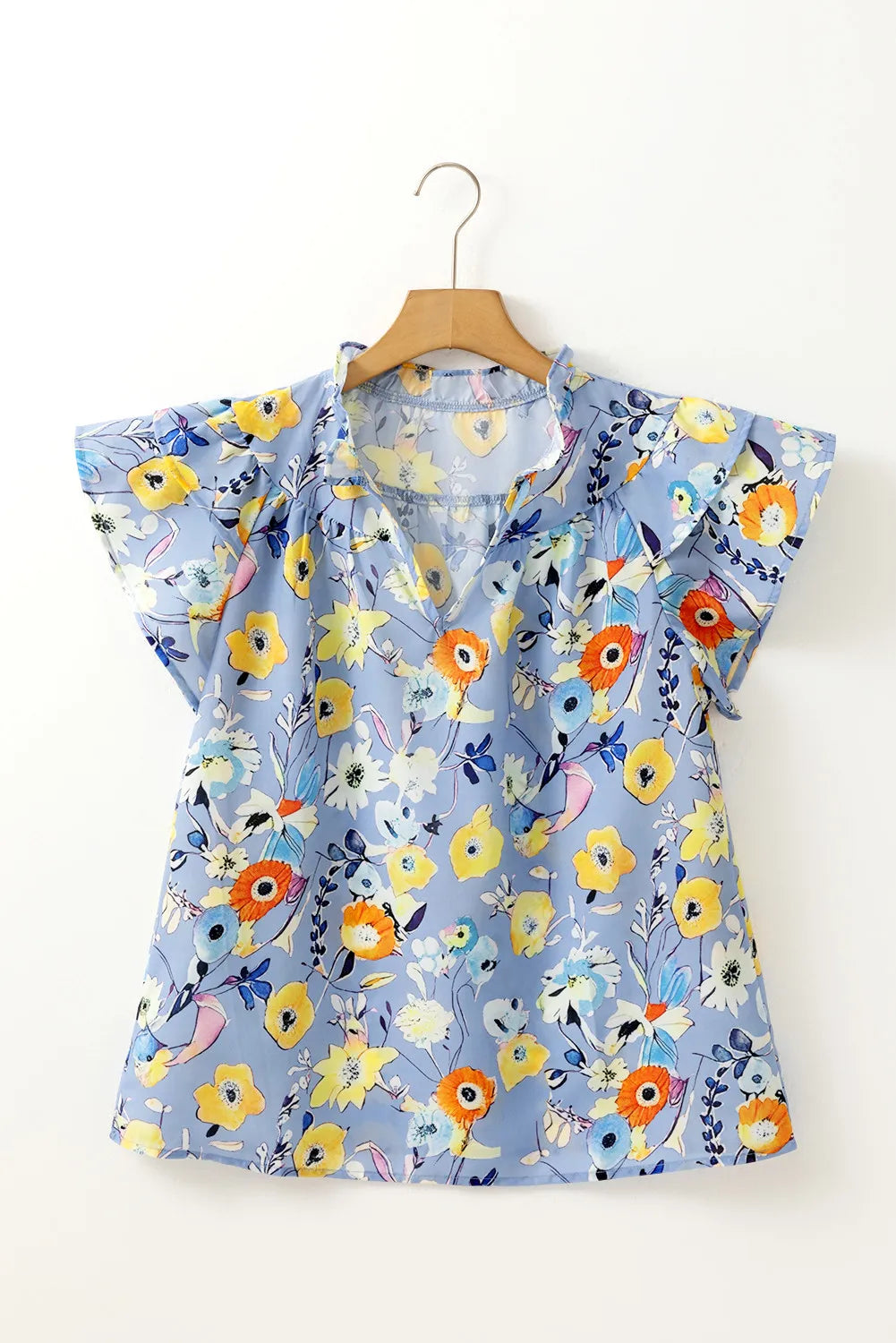 Floral Blouse with Flutter Sleeves and V-Neckline