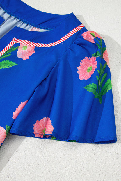 Women's Blue Floral Short Sleeve Split Neck Loose Summer Mini Dress