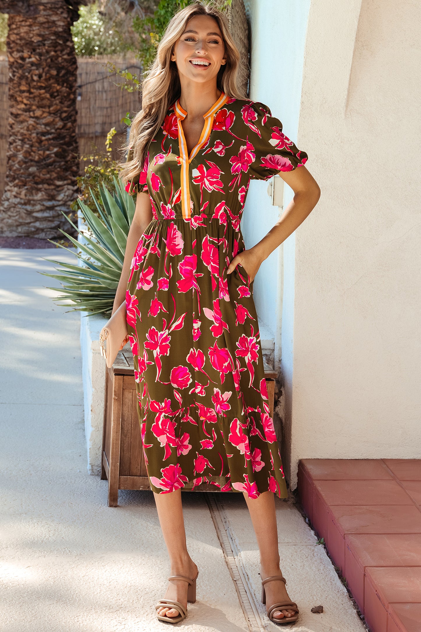Women's Green Floral Trim Split Neck Short Puff Sleeve Summer Midi Dress