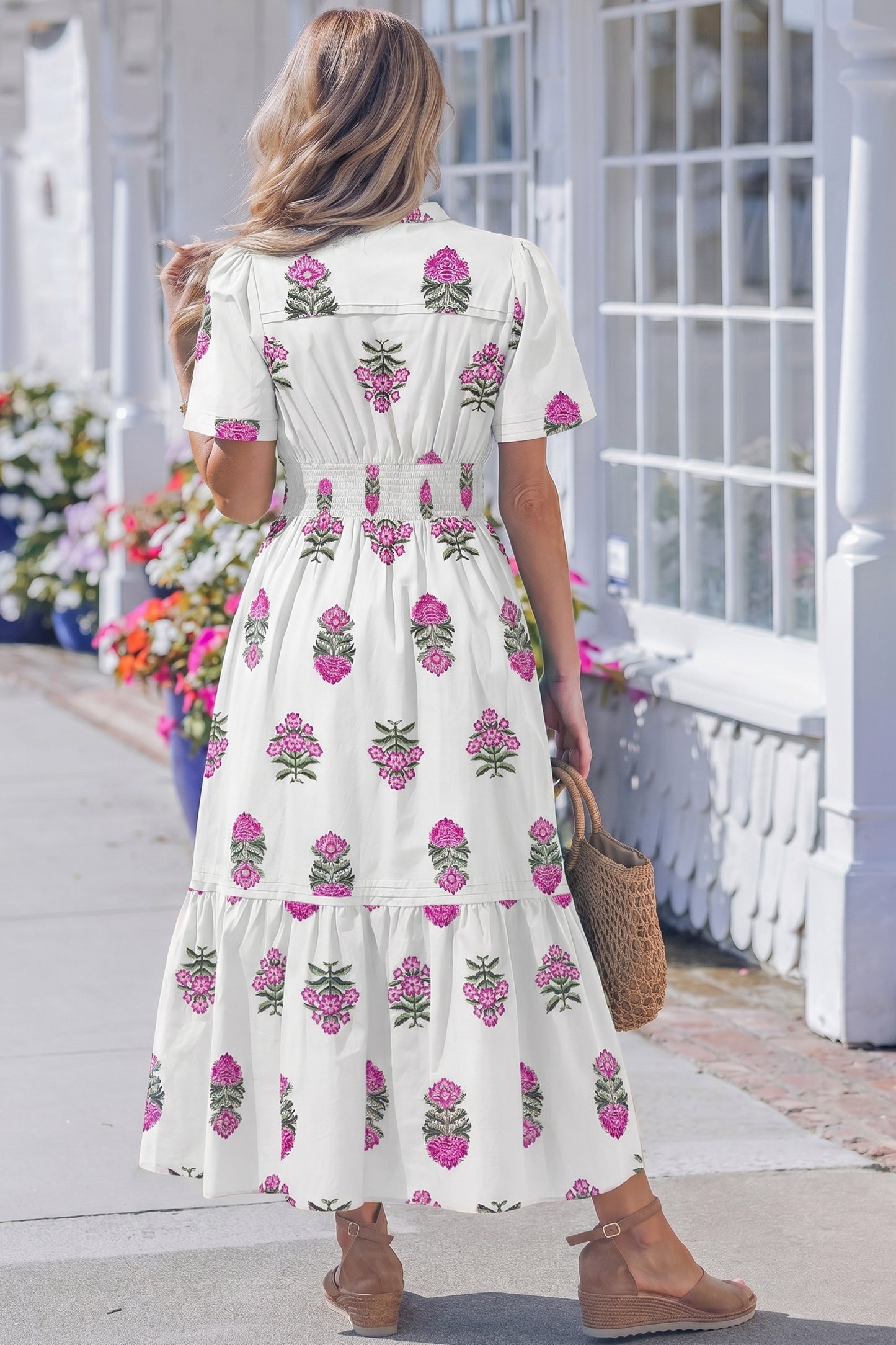 Women's White Floral Split Neck Summer Maxi Dress