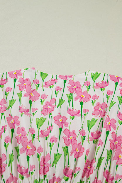 Women's Pink Floral V Neck Short Sleeve Summer Midi Dress