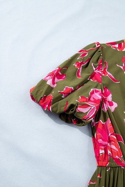 Women's Green Floral Trim Split Neck Short Puff Sleeve Summer Midi Dress