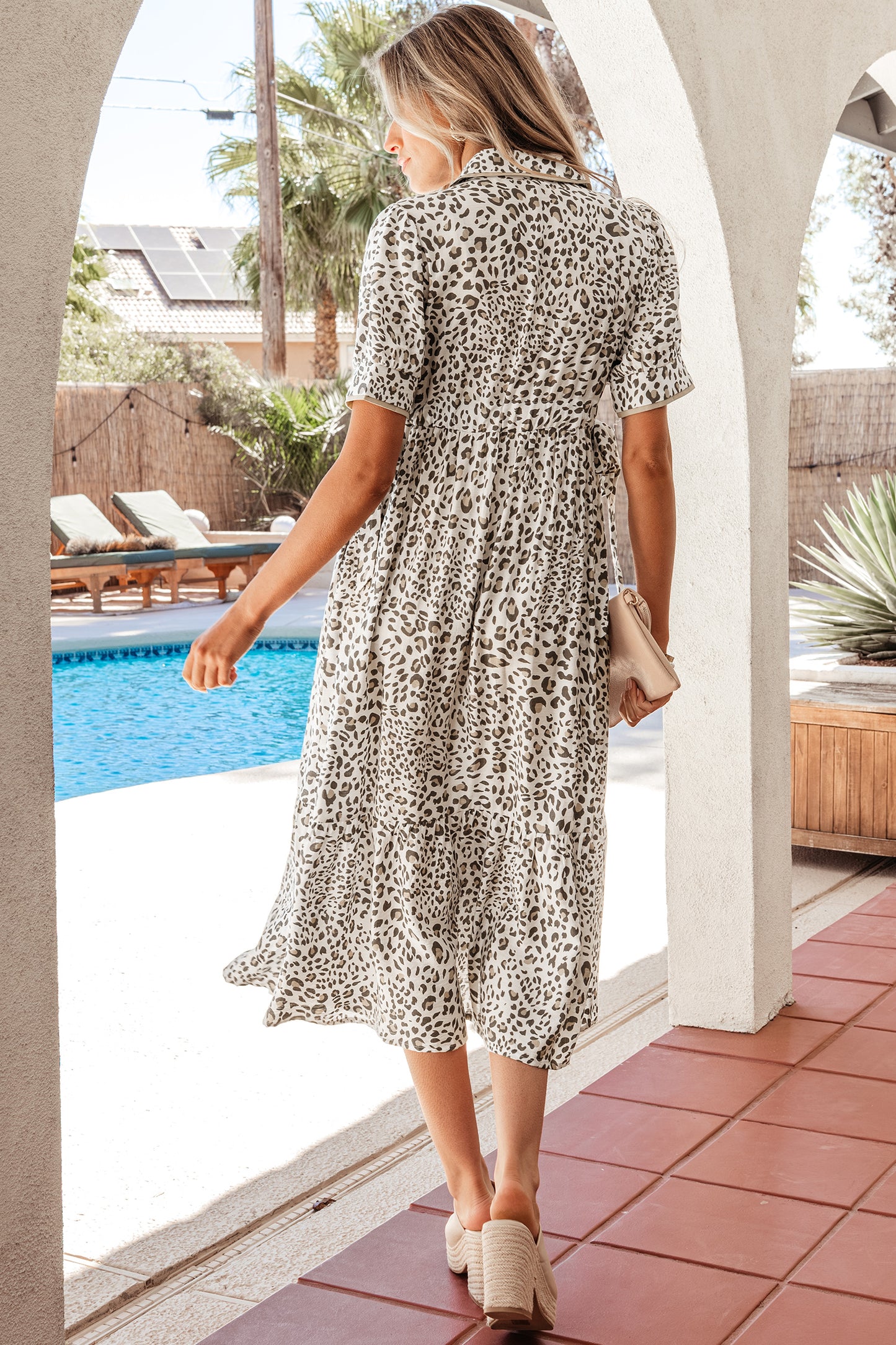 Women's Leopard Button Front Short Sleeve Summer Midi Dress