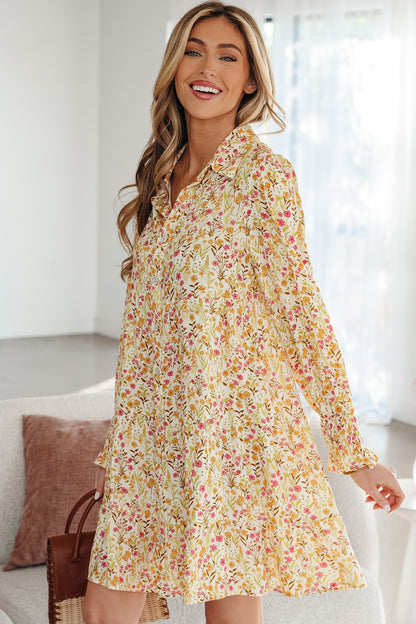 Women's Yellow Floral Long Sleeve Summer Mini Dress