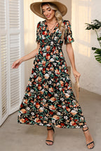 Women's Black Floral V Neck Short Sleeve Summer Maxi Dress