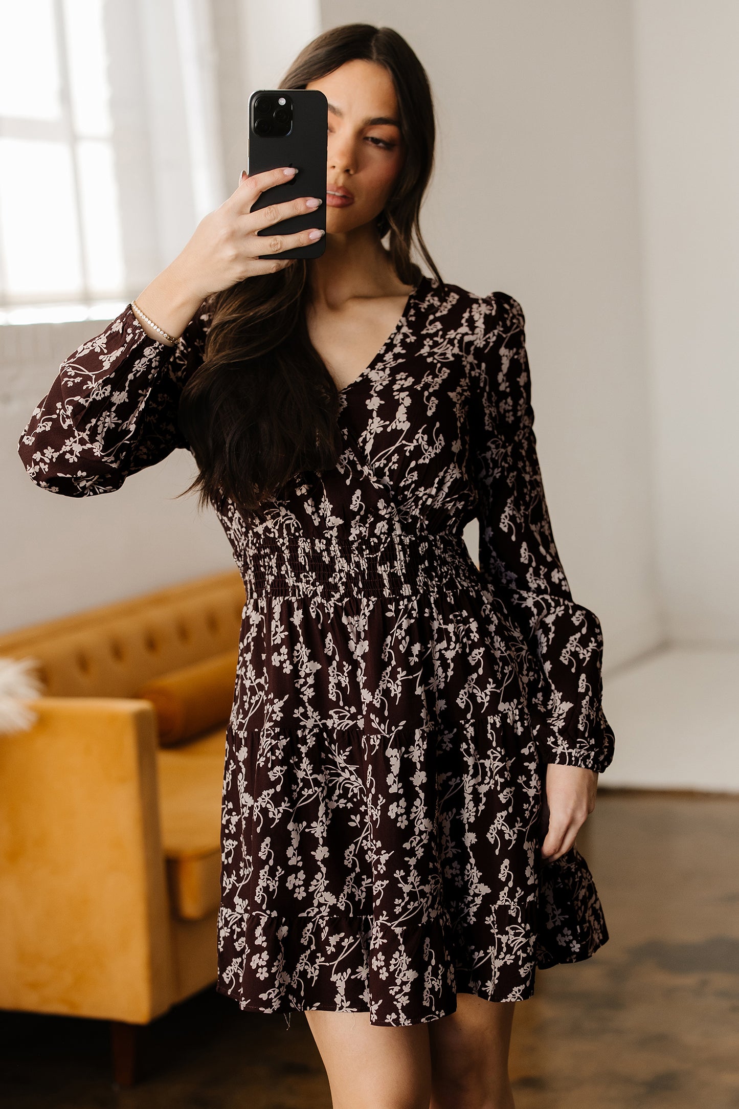 Women's Brown Floral Long Sleeve Summer Mini Dress