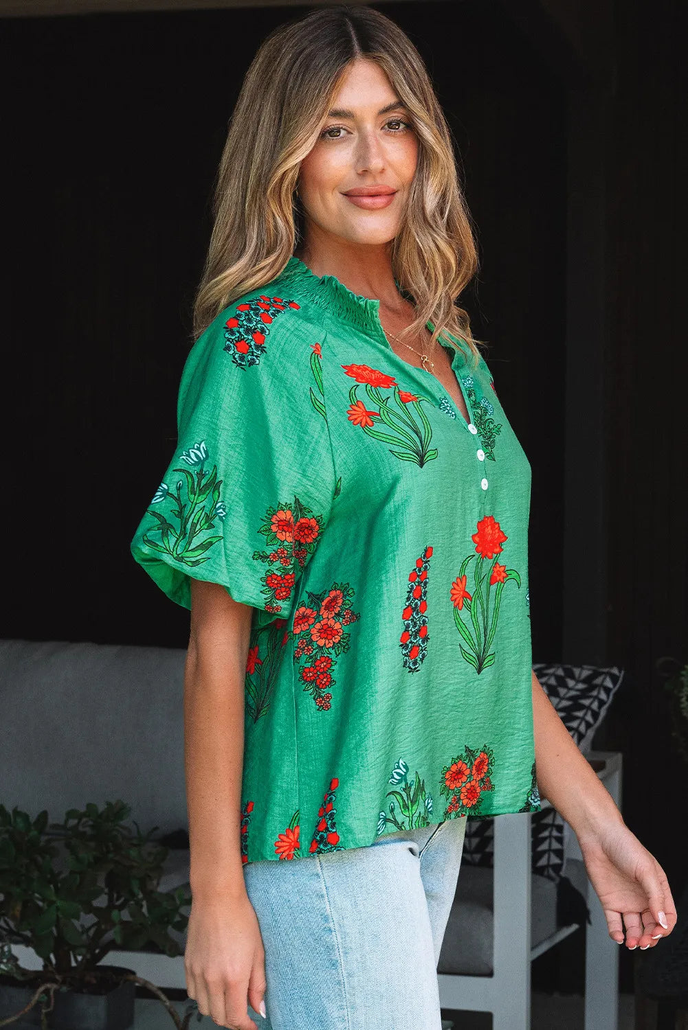 Green Floral V-Neck Blouse with Button Detail