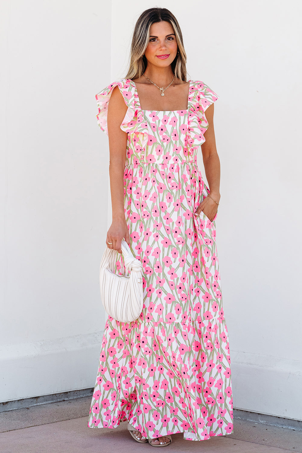 Women's Pink Floral Square Neck Summer Maxi Dress