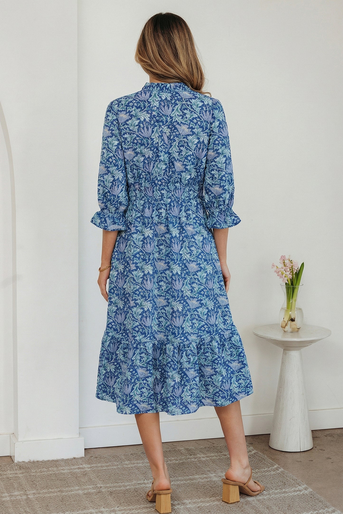 Women's Blue Floral V Neck Summer Midi Dress
