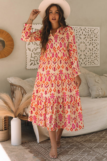 Women's Orange Western Abstract Geometric Summer Midi Dress