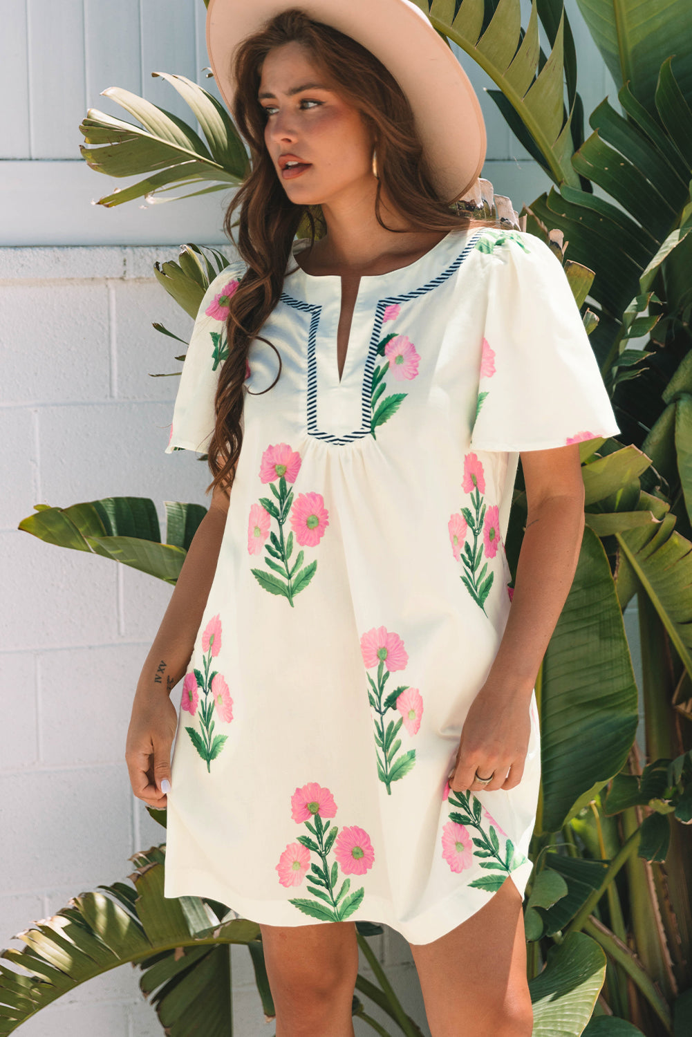 Women's White Floral Short Sleeve Split Neck Loose Summer Mini Dress