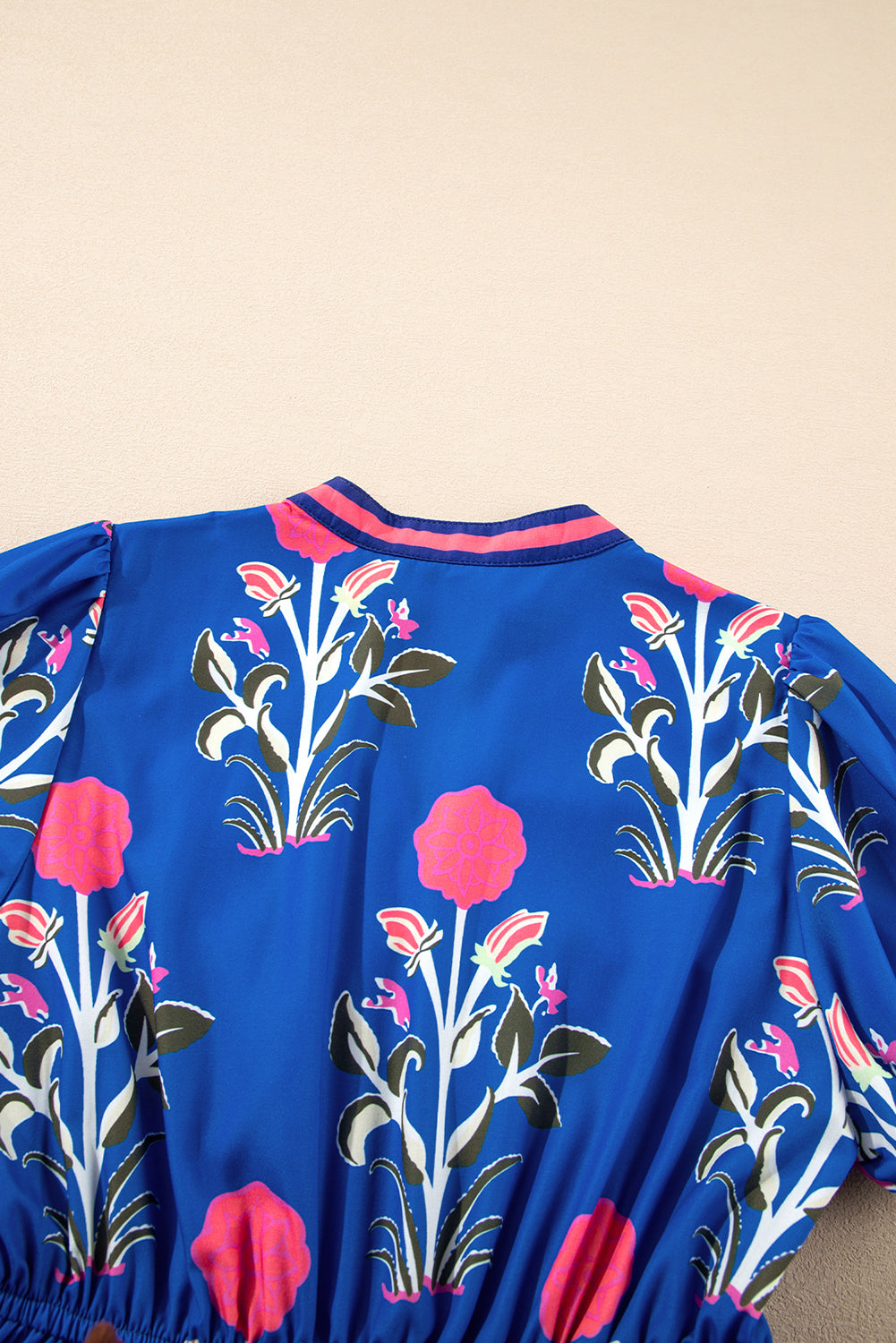 Women's Blue Floral Puff Short Sleeve V Neck Summer Midi Dress