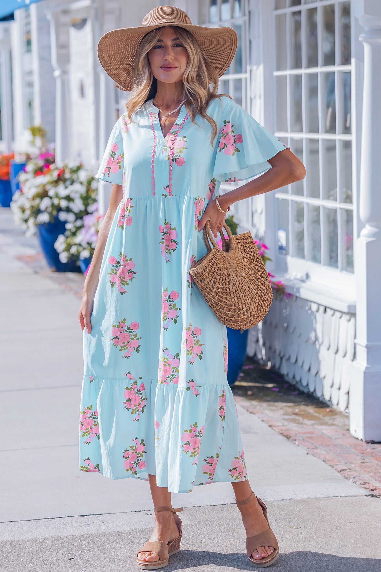 Women's Sky Blue Flutter Short Sleeve Floral Summer Maxi Dress