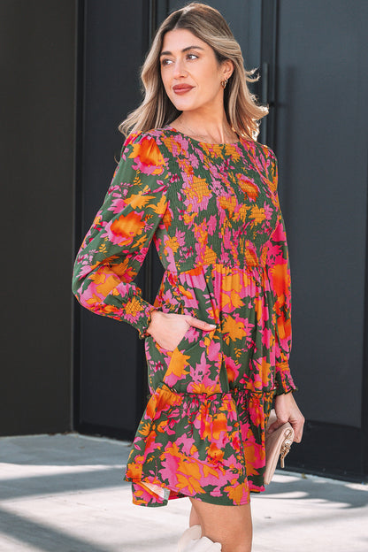Women's Multicolour Floral Long Sleeve Summer Mini Dress