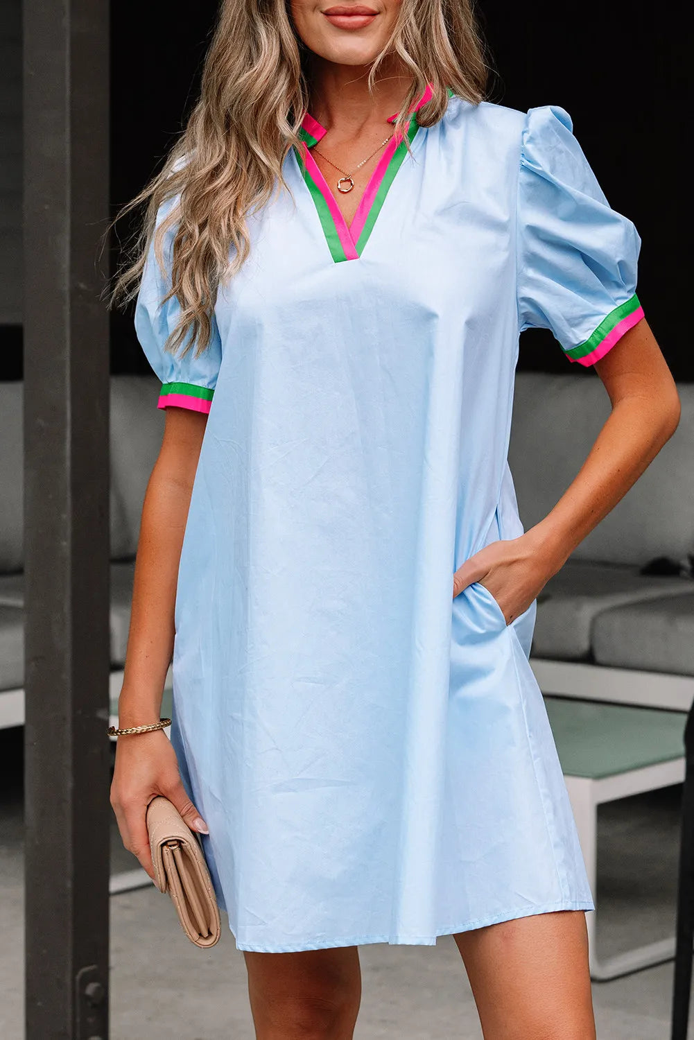 Sky Blue Cotton Puff Sleeve Mini Dress with Colourblock Trim