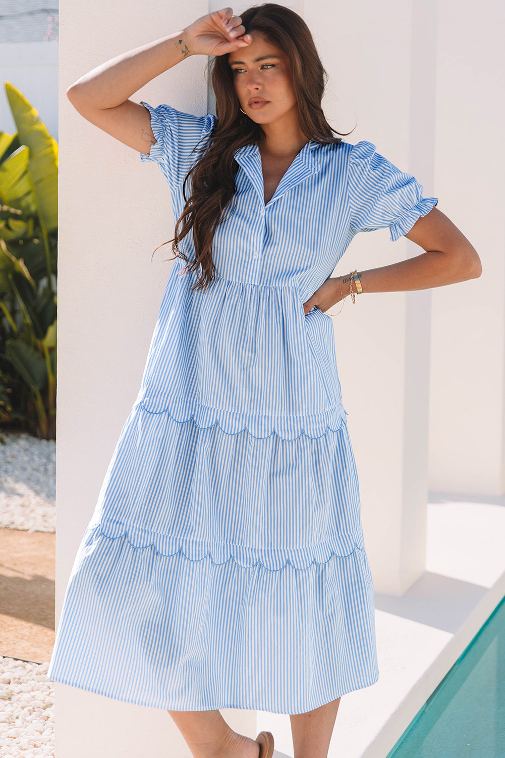 Women's Blue Stripe Bubble Short Sleeve Summer Midi Dress