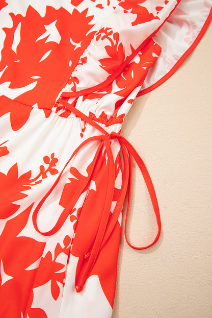 Women's Red Floral V Neck Ruffle Sleeve Summer Midi Dress