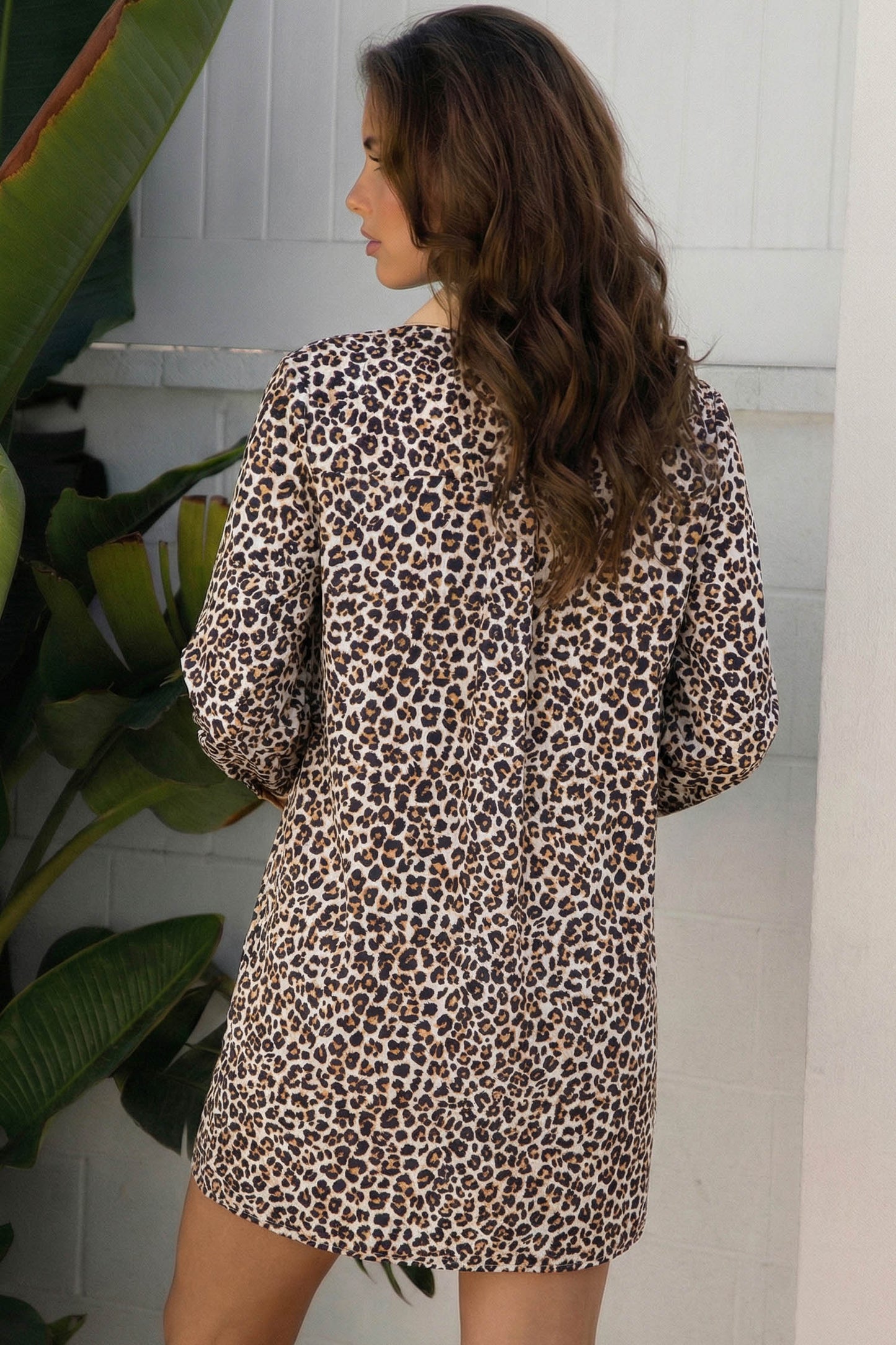 Women's Khaki Leopard Print Long Sleeve Summer Mini Dress