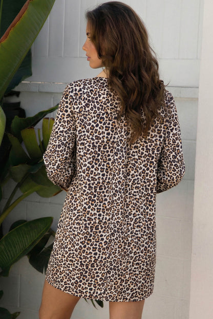 Women's Khaki Leopard Print Long Sleeve Summer Mini Dress