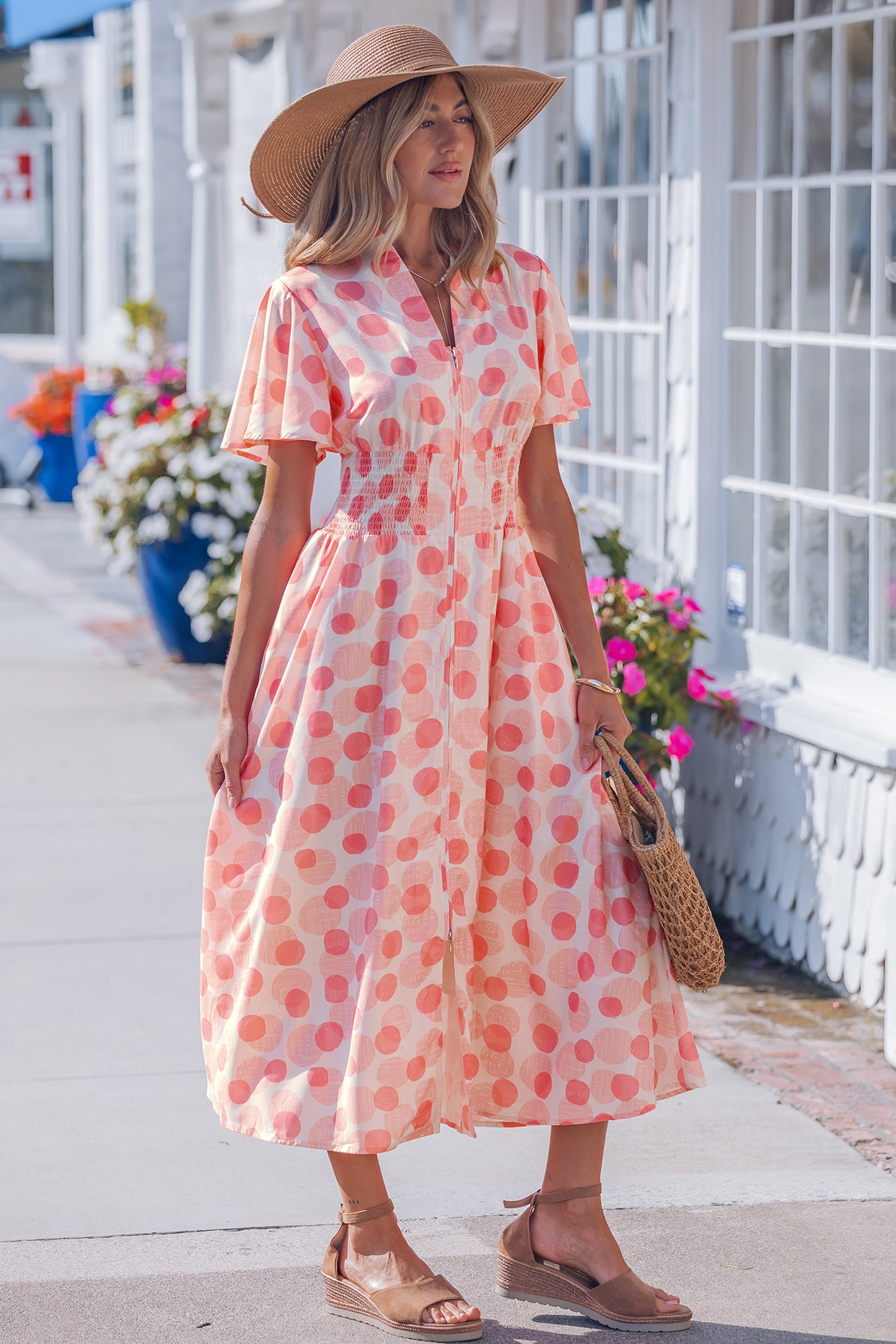 Women's Pink Polka Dot Ruffle Sleeve Summer Midi Dress