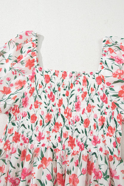 Women's Pink Floral Puff Sleeve Summer Maxi Dress