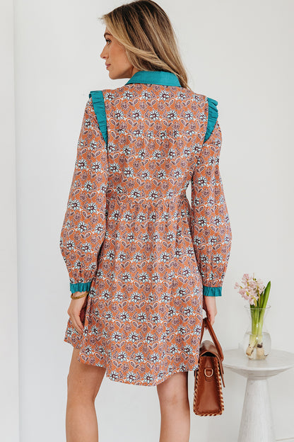 Women's Orange Boho Floral Summer Mini Dress