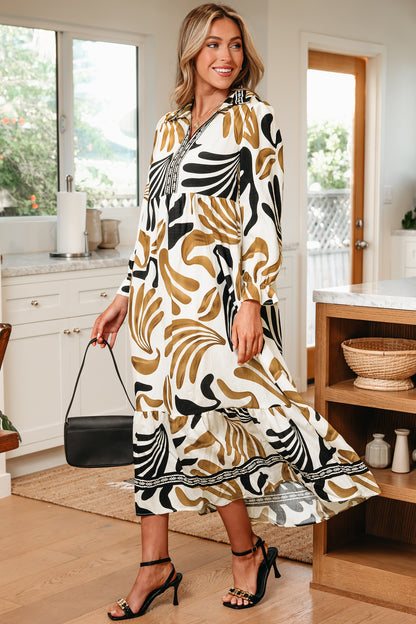 Women's Brown Floral Long Sleeve Summer Maxi Dress