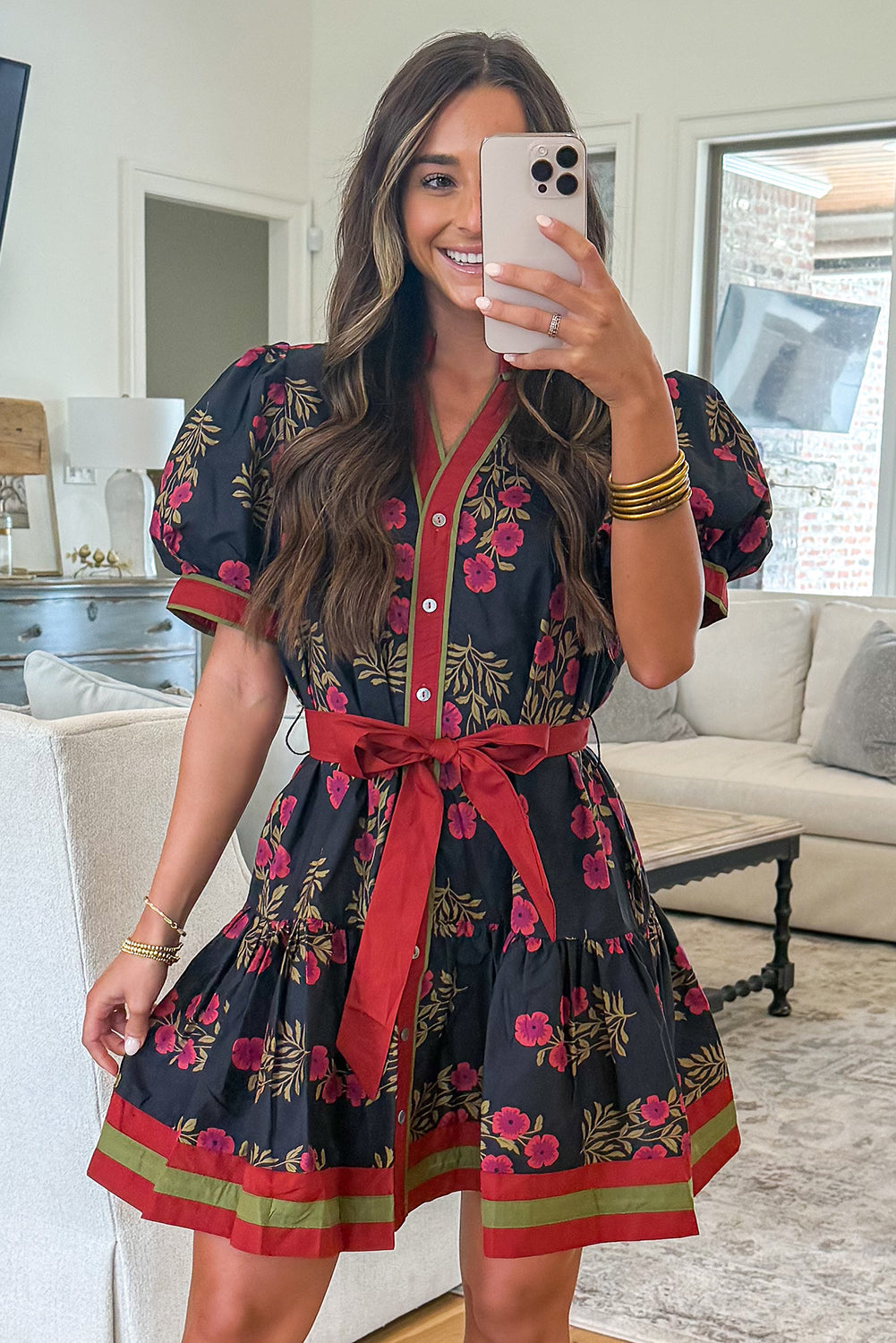 Women's Black Floral Button Down Belted Short Puff Sleeve Mini Dress