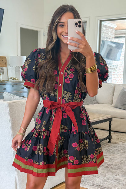 Women's Black Floral Button Down Belted Short Puff Sleeve Mini Dress