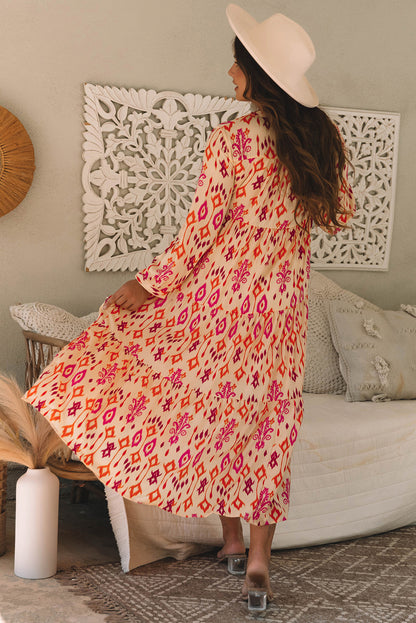 Women's Orange Western Abstract Geometric Summer Midi Dress