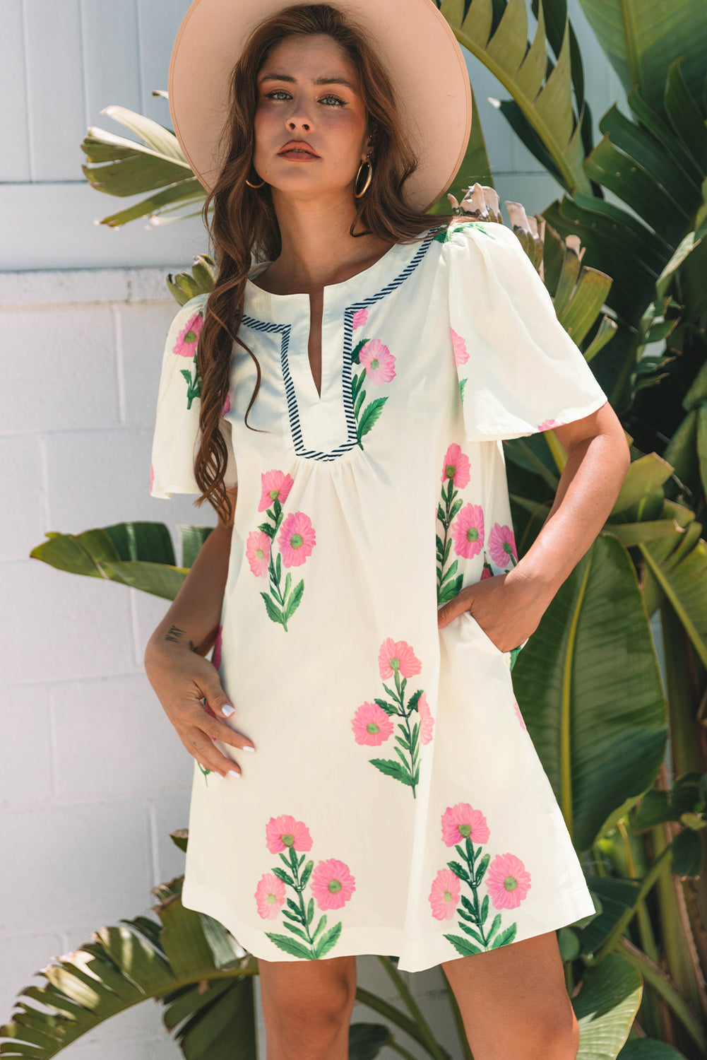 Women's White Floral Short Sleeve Split Neck Loose Summer Mini Dress