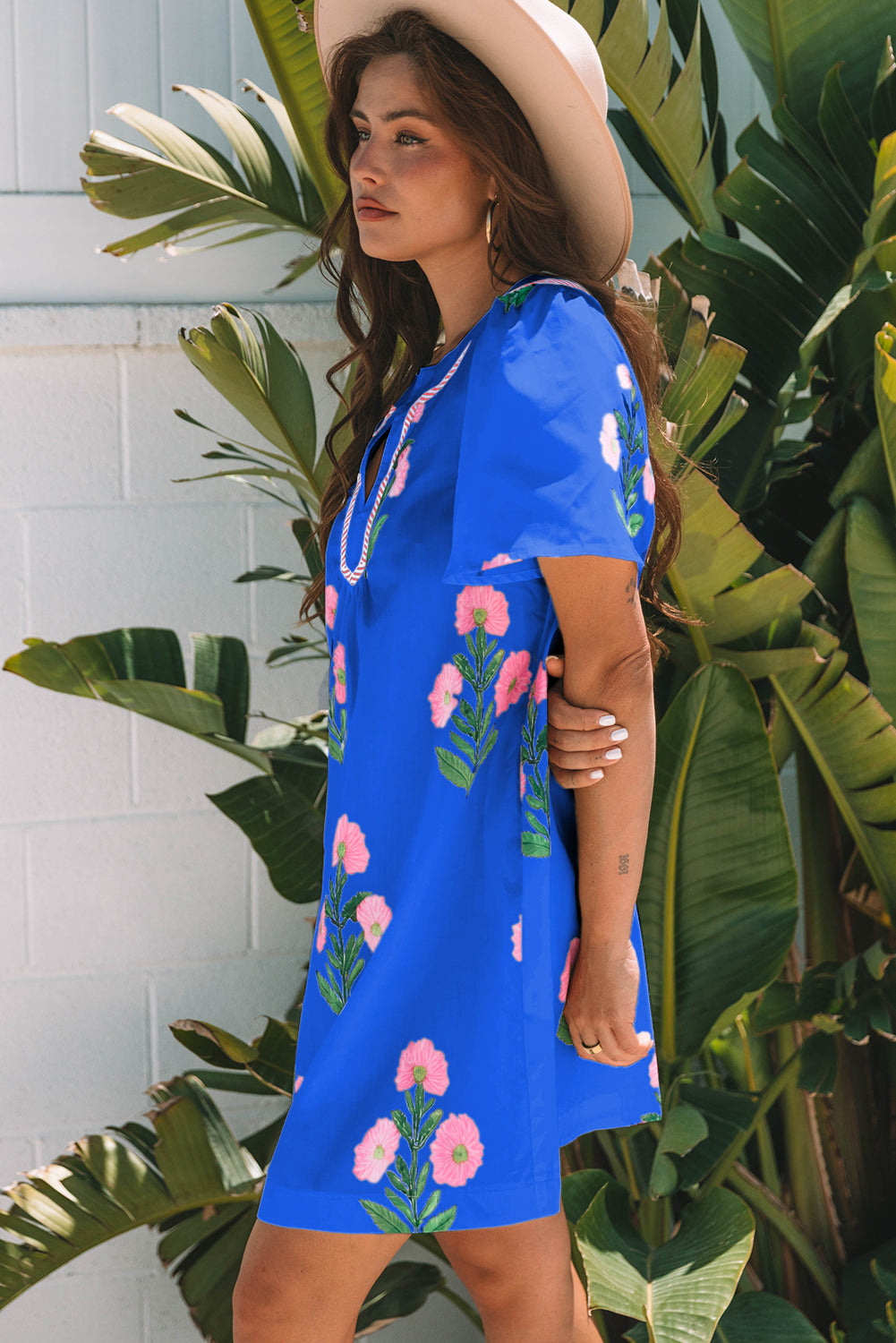 Women's Blue Floral Short Sleeve Split Neck Loose Summer Mini Dress