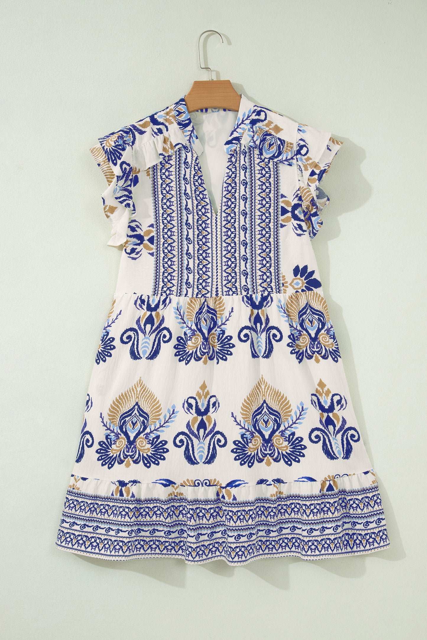 Women's Blue Boho Floral Ruffled Sleeve Summer Mini Dress