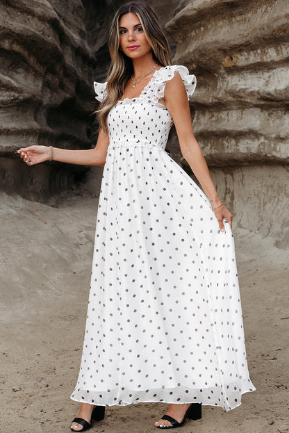 Women's White Polka Dot Flutter Sleeve Square Neck Summer Maxi Dress
