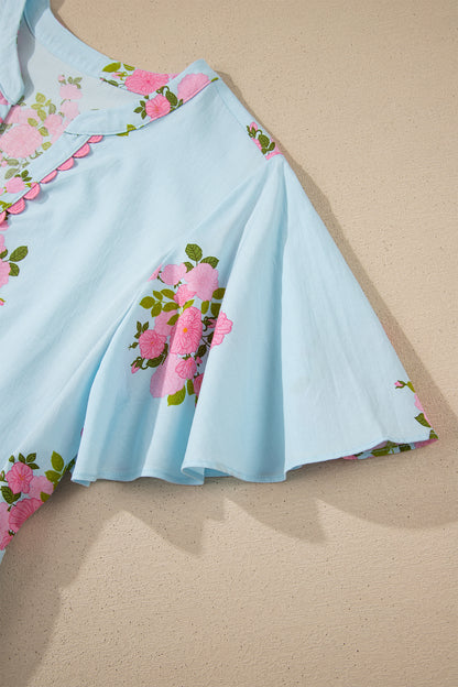 Women's Sky Blue Flutter Short Sleeve Floral Summer Maxi Dress