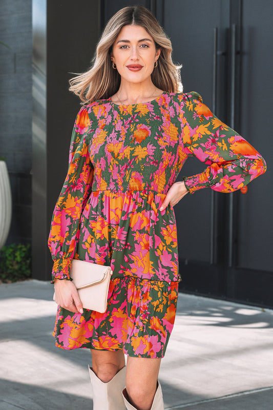 Women's Multicolour Floral Long Sleeve Summer Mini Dress