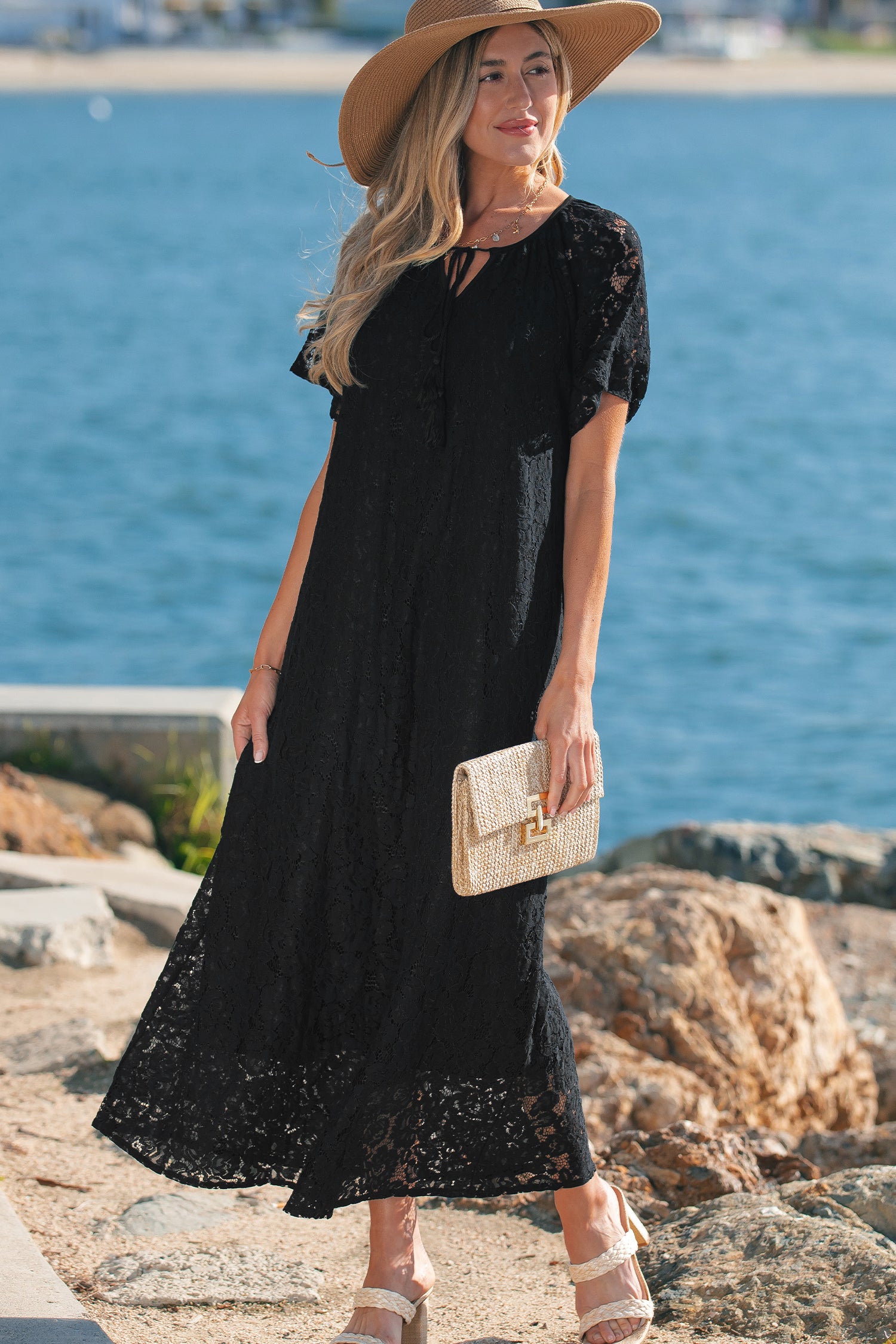 Black Floral Lace Overlay Tassel Tie Short Sleeve Beach Vacation Loose Maxi Dress