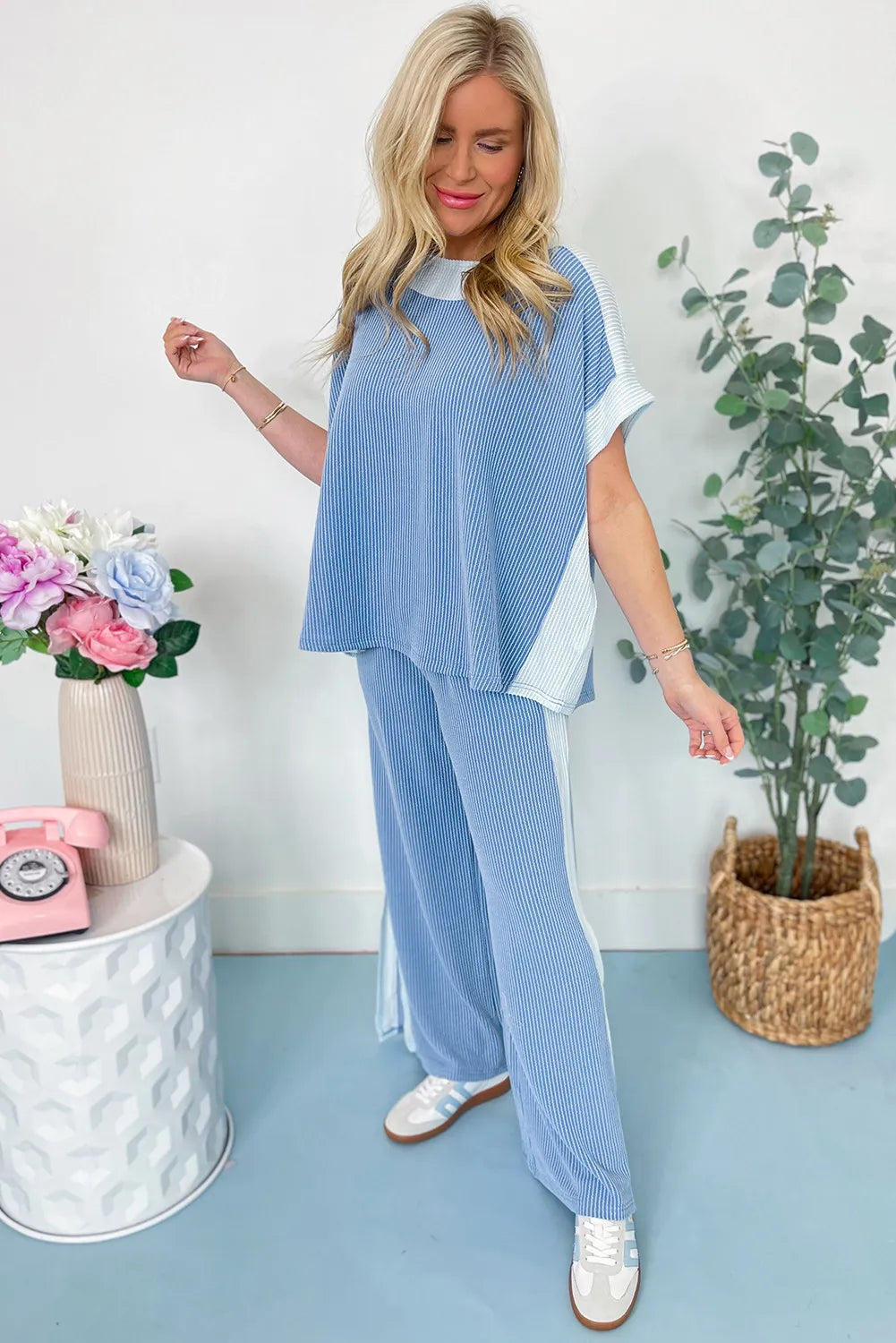 Ribbed Colourblock Co-ord Set with Wide-Leg Trousers