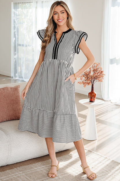Women's Black Stripe Short Sleeve Summer Midi Dress