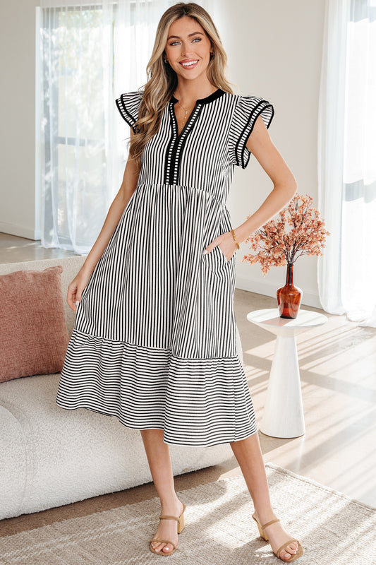 Women's Black Stripe Short Sleeve Summer Midi Dress