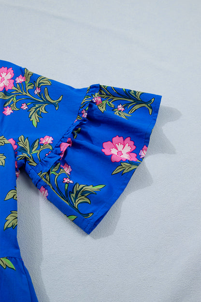 Women's Blue Floral V-Neck Summer Mini Dress