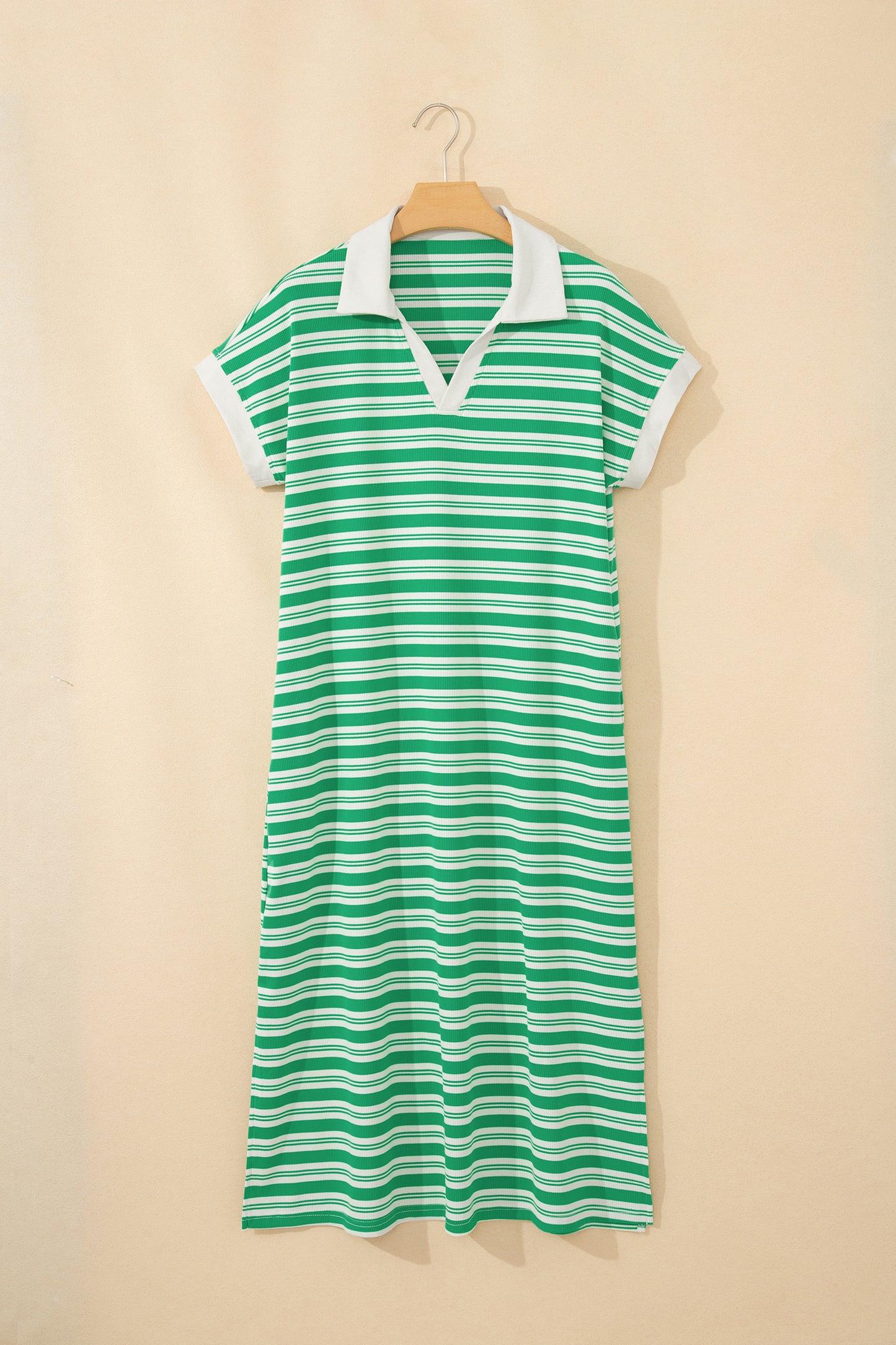 Women's Green Striped Summer Midi Dress with Pockets
