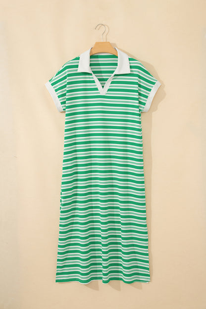 Women's Green Striped Summer Midi Dress with Pockets