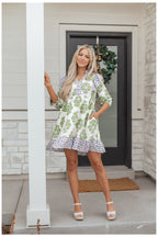 Green Floral Print Contrast Patchwork Ruffle Detail Mini Dress